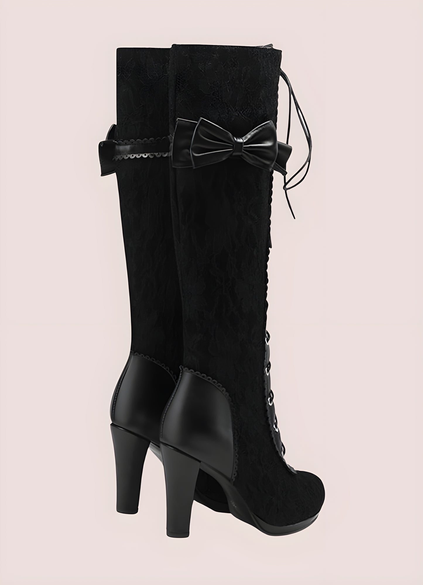 Black gothic bowknot boots back view – black platform ankle boots with gothic bowknot design, lace-up details and stylish techwear footwear