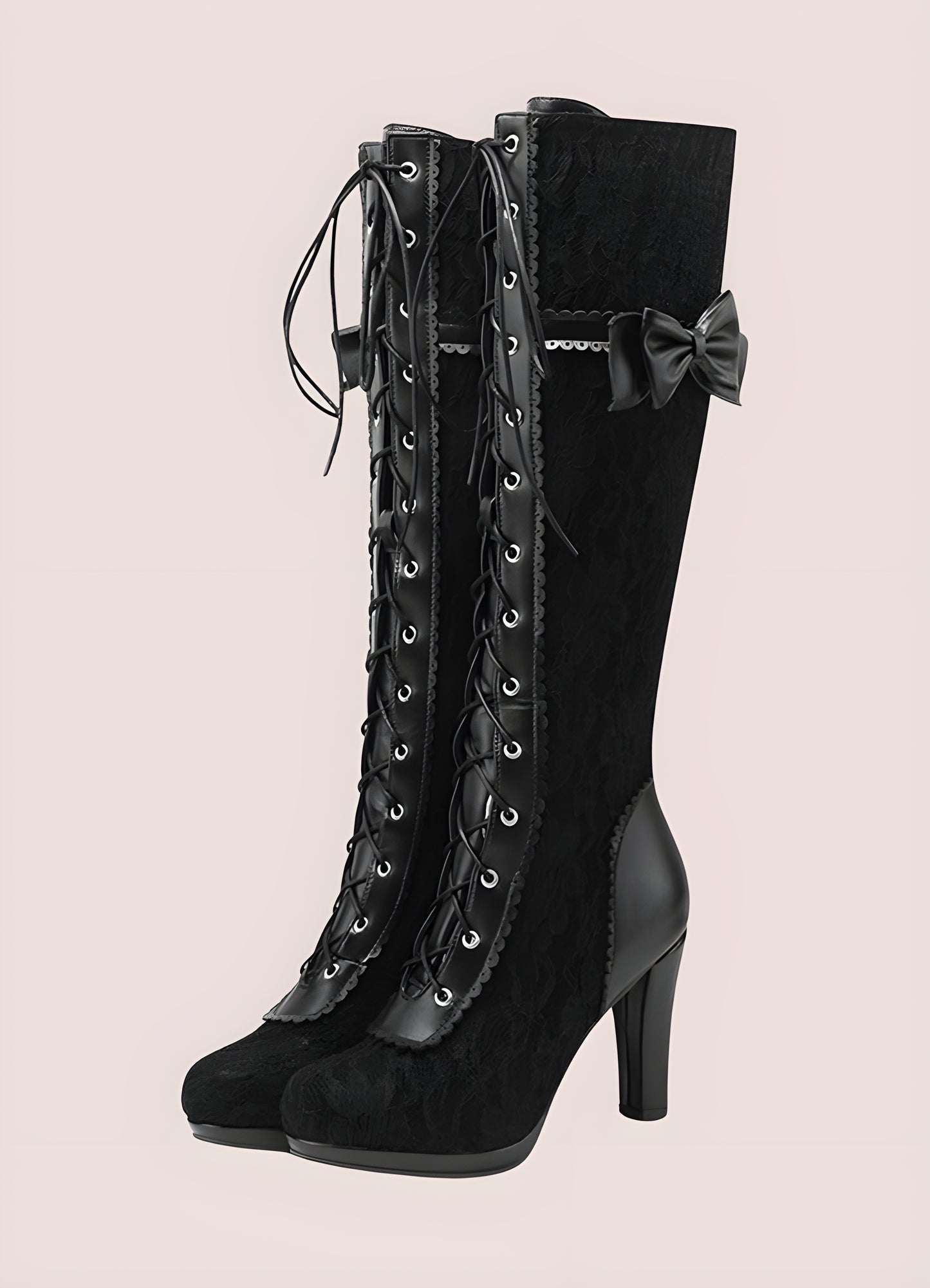 Black gothic bowknot boots side view – black platform ankle boots with lace-up and bowknot details, gothic and techwear fashion footwear