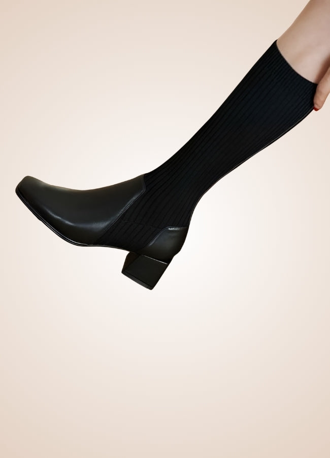 Black Steampunk Knee High Knit Boots UK