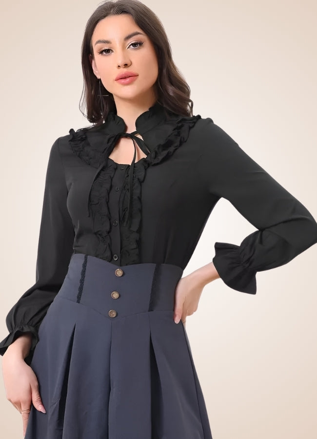 Black Victorian Ruffles Long Sleeve Blouse UK