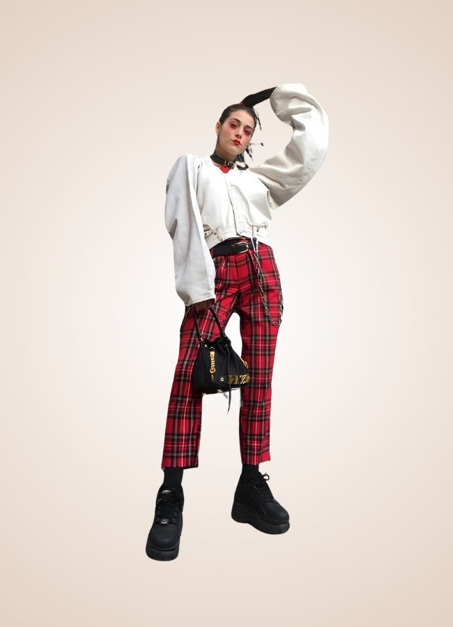Red Steampunk Plaid Pants UK