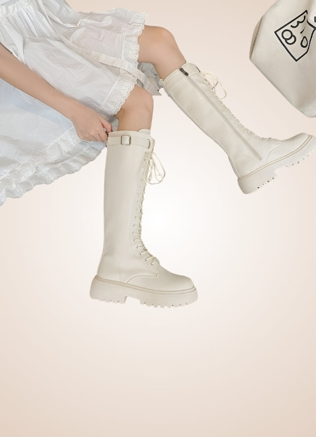 White Knee High Steampunk Boots UK