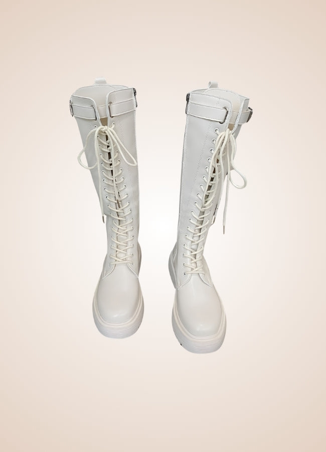 White Knee High Steampunk Boots UK
