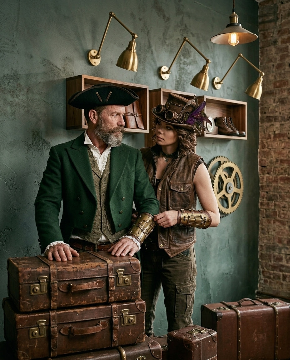 Two people in steampunk attire standing next to vintage suitcases in a room with industrial decor.