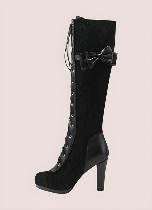 Black gothic bowknot boots in black – elegant platform ankle boots with lace-up details and bowknot design, alternative fashion footwear for gothic and techwear outfits
