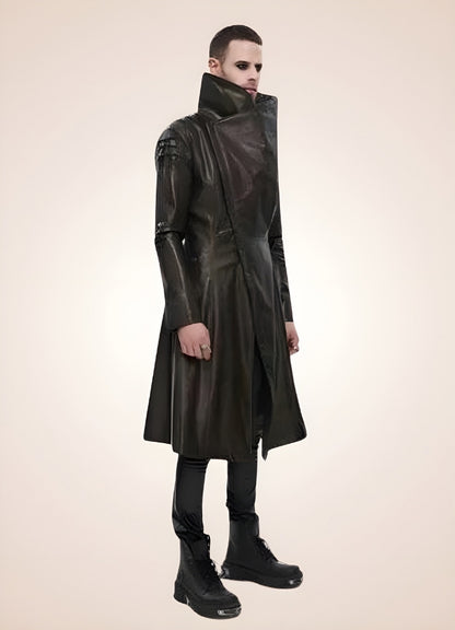 Man High Collar Leather Coat UK