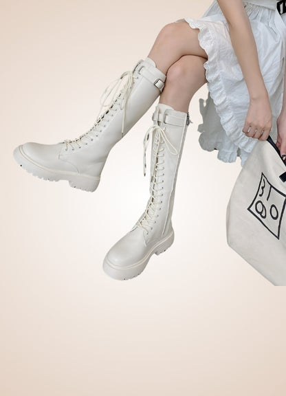 White Knee High Steampunk Boots UK